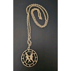 Vintage Celebrity NY Zodiac? Man Round Pendant Necklace 30" Gold Tone Signed